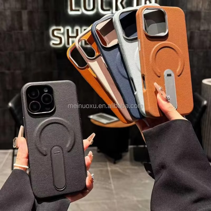 Luxury Leather MagSafe Case with Ring Kickstand for iPhone